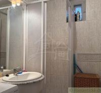 A bathroom in a family house with a sink, shower, and ladder radiator.