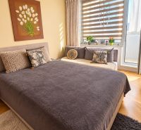 A bedroom in a 3-room apartment with a bed, decorative pillows, and a painting on the wall.
