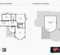 Overhead plan of a villa with staircase, terraces, and rooms on two floors.