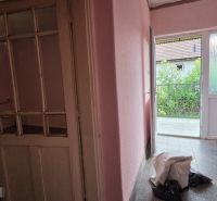 The interior of the family house has pink walls and glass doors with a view outside.