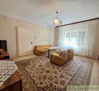 Living room in a family house with a carpet, sofa, and wooden decor flooring.