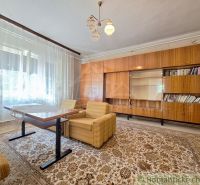 Living room in a family house with retro furniture and a large glass wall.