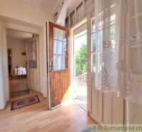 A hallway in a family house with a view of the garden and a wooden decor floor.
