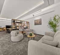 Spacious offices with comfortable seating, standing plants, and carpeted flooring.