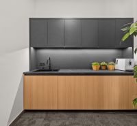 Black kitchen unit with wooden floor and green plants in the office.