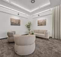 Offices with comfortable sofas, carpeted floors, and decorative paintings on the walls.