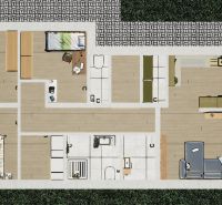 Floor plan of a family house with three rooms and a wooden decor floor.