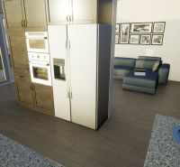 Interior of a family house with a kitchen unit, sofa, and floor with wooden decor.