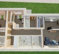 Floor plan of a family house with a living room, kitchen, and two bedrooms, flooring with a wooden decor.