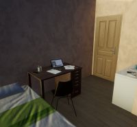 Bedroom in a family house with a desk and wooden decor flooring.