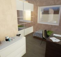 A room in a family house with a bed, a desk, a white dresser, and a wardrobe.