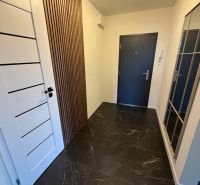 Entrance hallway with large tiles in a 3-room apartment, wooden decor on the wall.