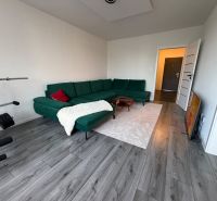 Living room of a three-room apartment with a wooden decor floor and a green sofa.