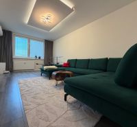 Living room in a three-room apartment with a wooden decor floor and a comfortable sofa.