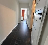 A hallway with dark tiles and white doors in a 3-room apartment.