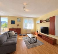 Living room with a sofa and a television in a 3-room apartment, floor with wooden decor.