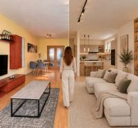 Living room in a three-room apartment with a wooden decor floor and modern interior.