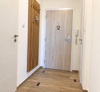 Entrance hallway in a 3-room apartment with a wooden decor floor.
