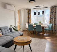 Living room in a 3-room apartment with a sofa, dining table, and wooden decor flooring.