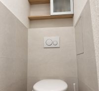 A toilet with a wall-mounted bowl, shelves, and a cabinet in a 3-room apartment.