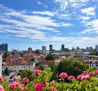 View from Czechoslovak Paratroopers in Bratislava - Nové Mesto towards the city and the blue sky.