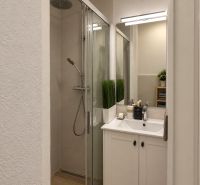 A bathroom with a shower and a sink in a 3-room apartment.