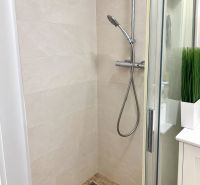 Shower corner in a 3-room apartment with a wooden decor floor and glass doors.
