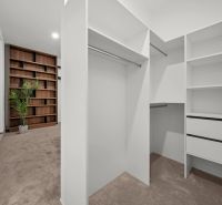 A bright wardrobe with white shelves, a built-in closet, a carpet, and a plant in a two-room apartment.