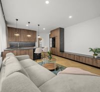 Living room in a 2-room apartment with a kitchen, sofa, and wooden decor flooring.