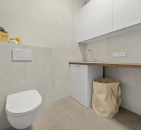Bathroom in a 2-room apartment with a shower, sink, and toilet, bright tiles.