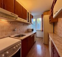 A kitchen with light walls, impressive cabinets, and a wood-patterned floor in a 2-room apartment.
