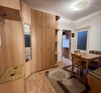 In the 2-room apartment, there is a wardrobe, a table, and a sofa, with a wooden decor floor.