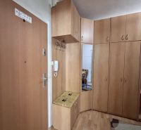 The entrance hall of a 2-room apartment with a wood-patterned floor and built-in wardrobes.