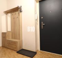 Hallway in a 3-room apartment with a coat rack set and black entrance door.