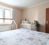 Bedroom in a 3-room apartment with a bed, dresser, and houseplants.