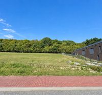 Development plots in Borinka with grassy area and a building next to the forest.