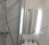 Bathroom in a 3-room apartment with a sink, mirror, and shower corner with a partition wall.