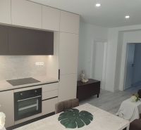 A kitchen with built-in appliances, a sofa, and a table in a 3-room apartment.