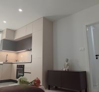 Kitchen with a kitchen unit, table, and decorative elements in a 3-room apartment.