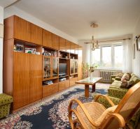 Living room with a carpet, wooden furniture, and a large window in a three-room apartment.