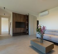 Living room with a gray sofa, flowers on the table, and a TV on a wooden wall.