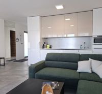 Living room with a kitchenette in a two-room apartment, floor with a wooden decor, light colors.