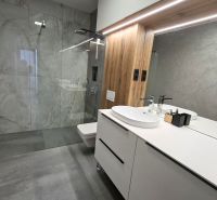 A bathroom with a large mirror, a shower, and a sink in a two-room apartment.