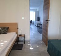 Bedroom with a bed and a view into the living room in a 2-room apartment, with a wooden decor floor.