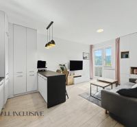 Living room with kitchen in a 2-room apartment, wooden decor flooring, modern furniture.