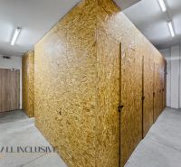 Storage space with locked wood-finish cabinets in a 2-room apartment.