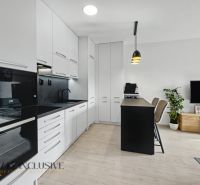 A kitchen in a 2-room apartment with white cabinets and a wooden decor floor.
