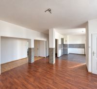 Open space with wood-decor flooring and a kitchenette for plots - living.