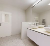 A bathroom with two sinks, a mirror, and a bright design in a 3-room apartment.