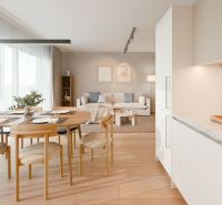 A bright living room with a dining table, sofa, and wooden decor flooring in a family house.
